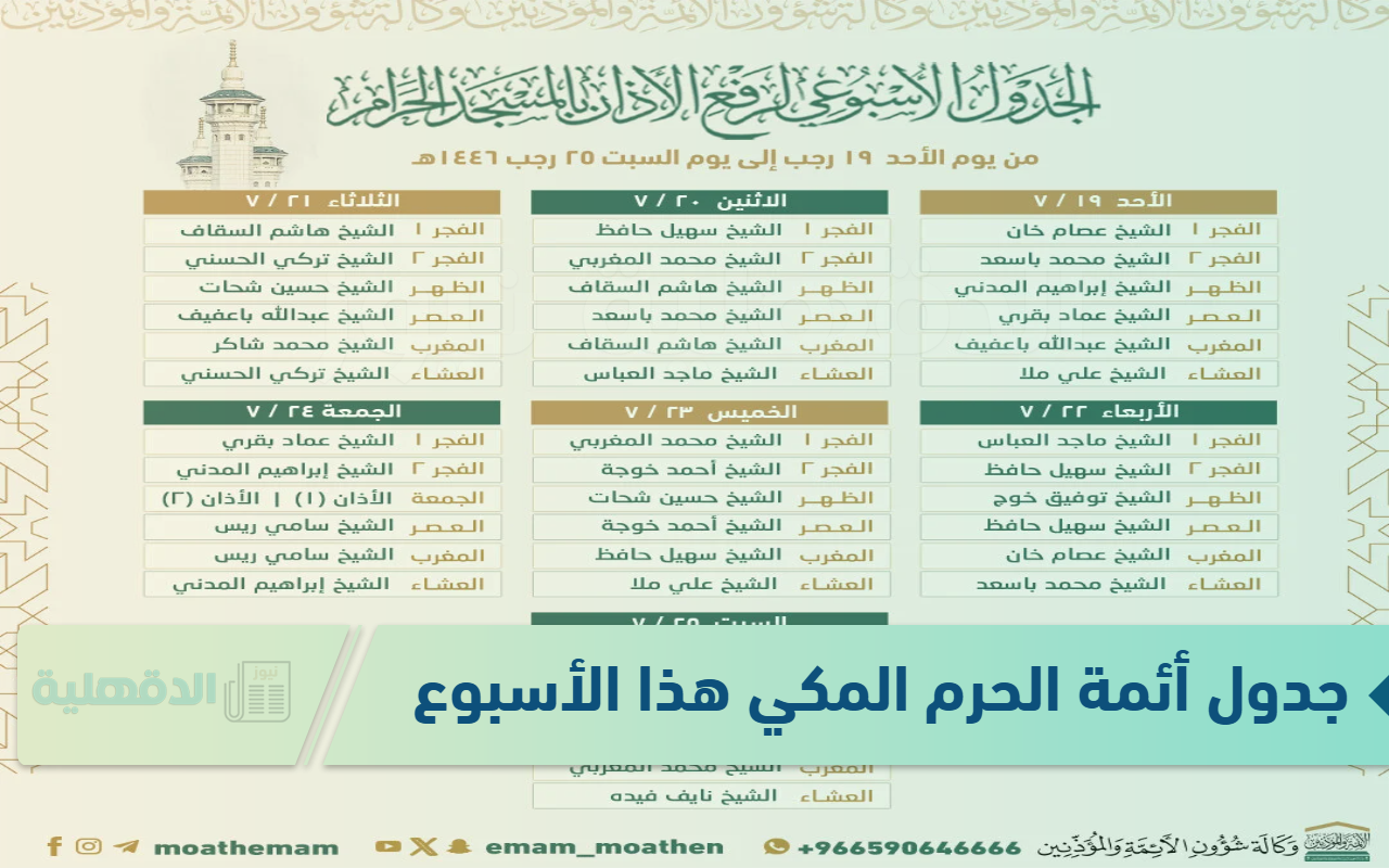 شؤون الأئمة والمؤذنين تنشر جدول أئمة الحرم المكي هذا الأسبوع 1446 من الاحد 19 حتى السبت 25 رجب شؤون الأئمة والمؤذنين تنشر جدول أئمة الحرم المكي هذا الأسبوع 1446 من الاحد 19 حتى السبت 25 رجب