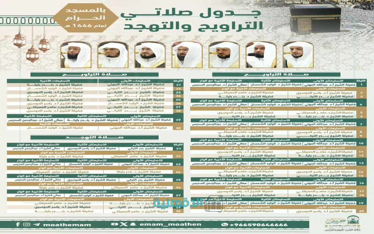 جدول أئمة الحرم المكي لصلاتي التراويح والتهجد في العشر الآواخر من شهر رمضان 1446 جدول أئمة الحرم المكي خلال الأسبوع الجاري 1446